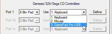 Selecting a gamepad for Port 1 (Player 1)