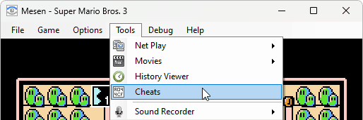 Selecting the cheats window